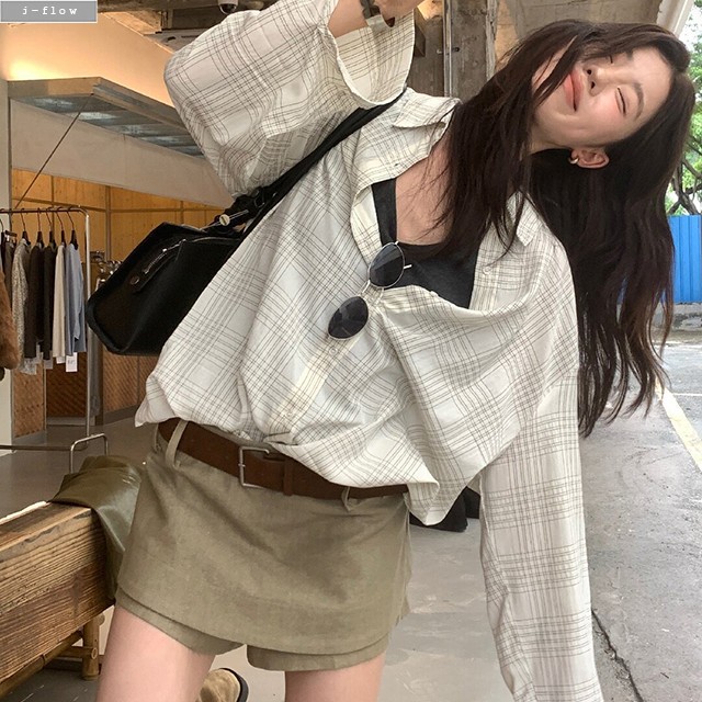 브링 체크 오버핏 하프 박시 셔츠 2col 가을 봄 루즈핏 여리핏 코튼 데일리 제이플로우 이미지 8