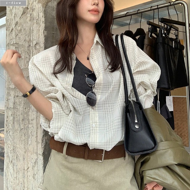 브링 체크 오버핏 하프 박시 셔츠 2col 가을 봄 루즈핏 여리핏 코튼 데일리 제이플로우 - 상세 이미지 3