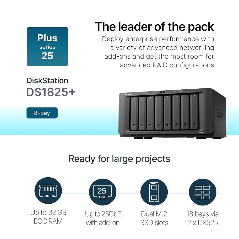Synology DS1825 이상 엔터프라이즈 비디오 제작 및 스토리지 - 360TB, 25GbE 속도 미션 크리티컬 안정성(8-Bay 디스크리스 NAS)으로 확장 가능 - 상세 이미지 2