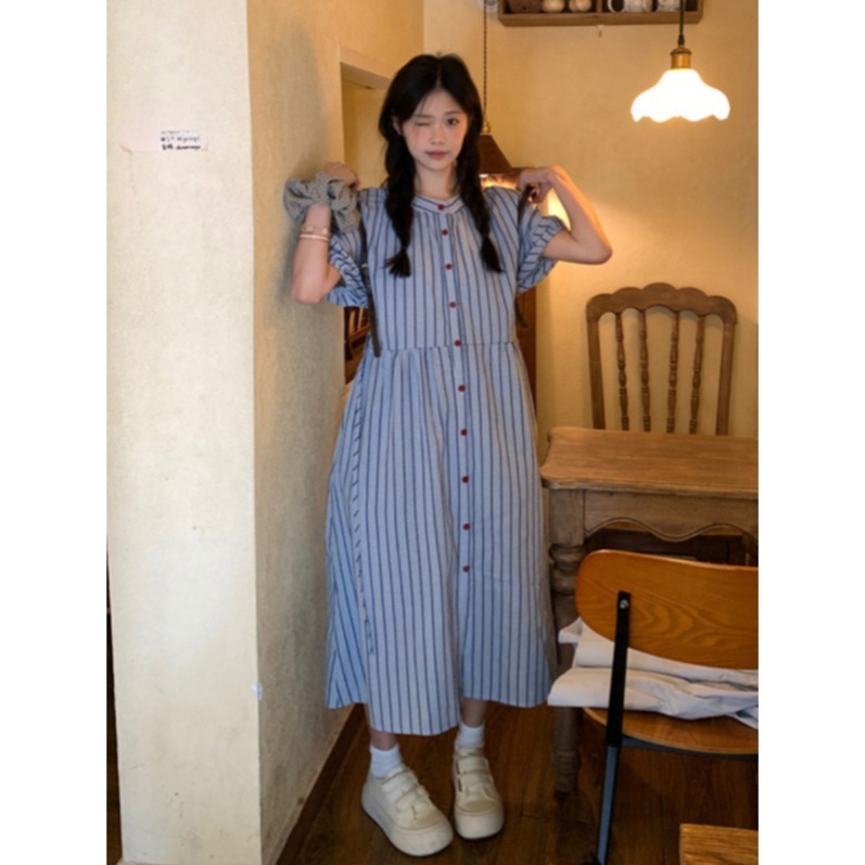 키작녀원피스 여름 원피스 휴양지 키작녀 20대 30대 여성 블루 스트라이프 롱원피스 - 상세 이미지 5