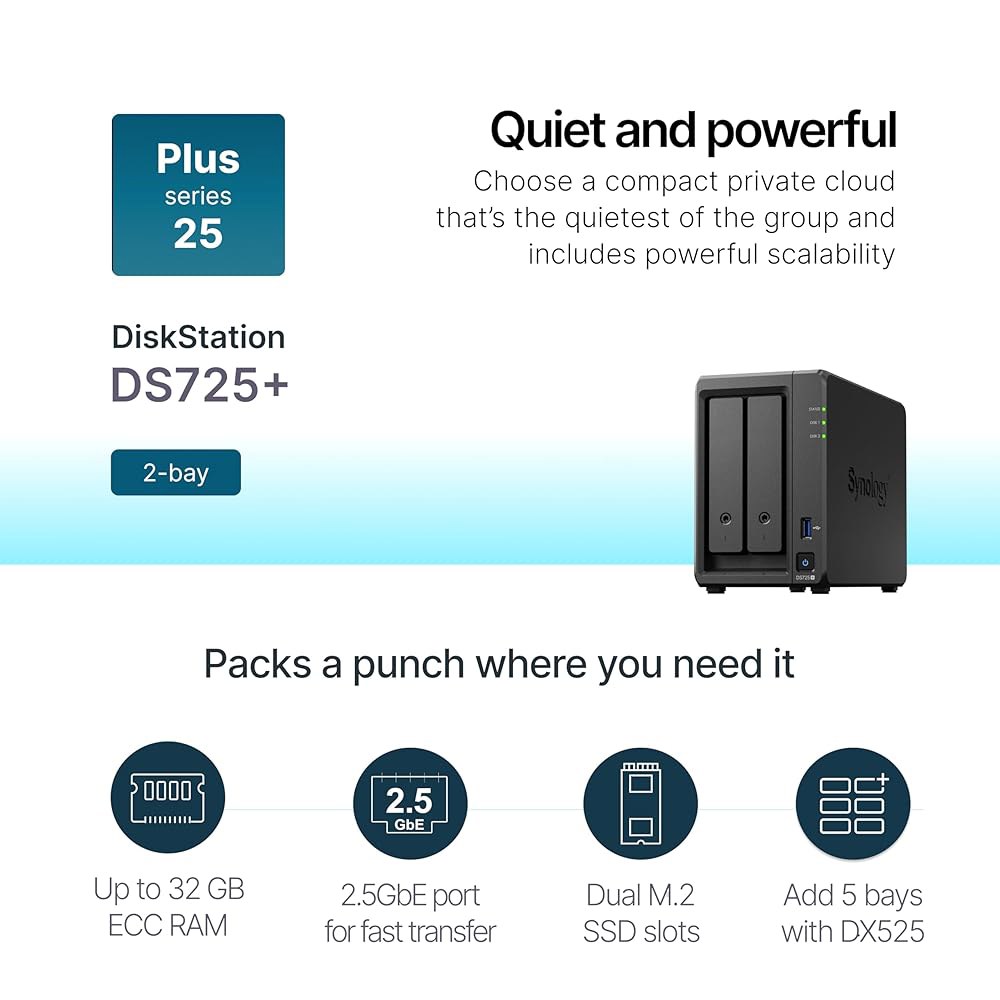 Synology DS725+ 확장형 NAS 스토리지 - 가정 및 중소기업용 프라이빗 클라우드(2-Bay 디스크리스 NAS) - 상세 이미지 3