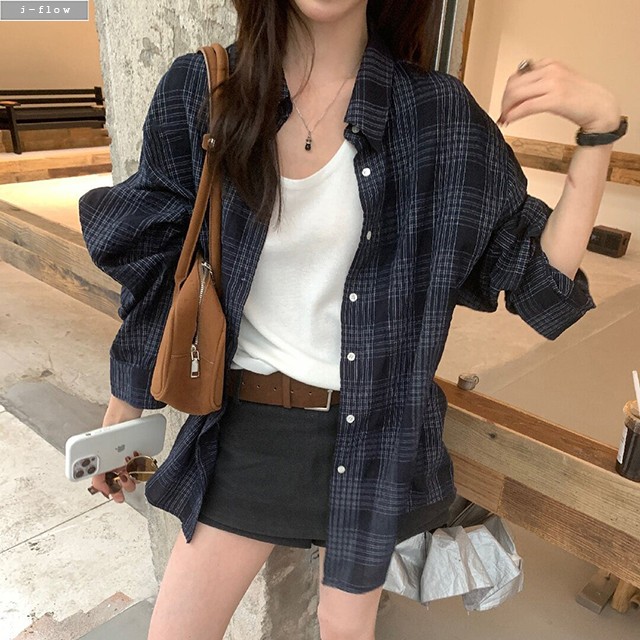 브링 체크 오버핏 하프 박시 셔츠 2col 가을 봄 루즈핏 여리핏 코튼 데일리 제이플로우 이미지 6