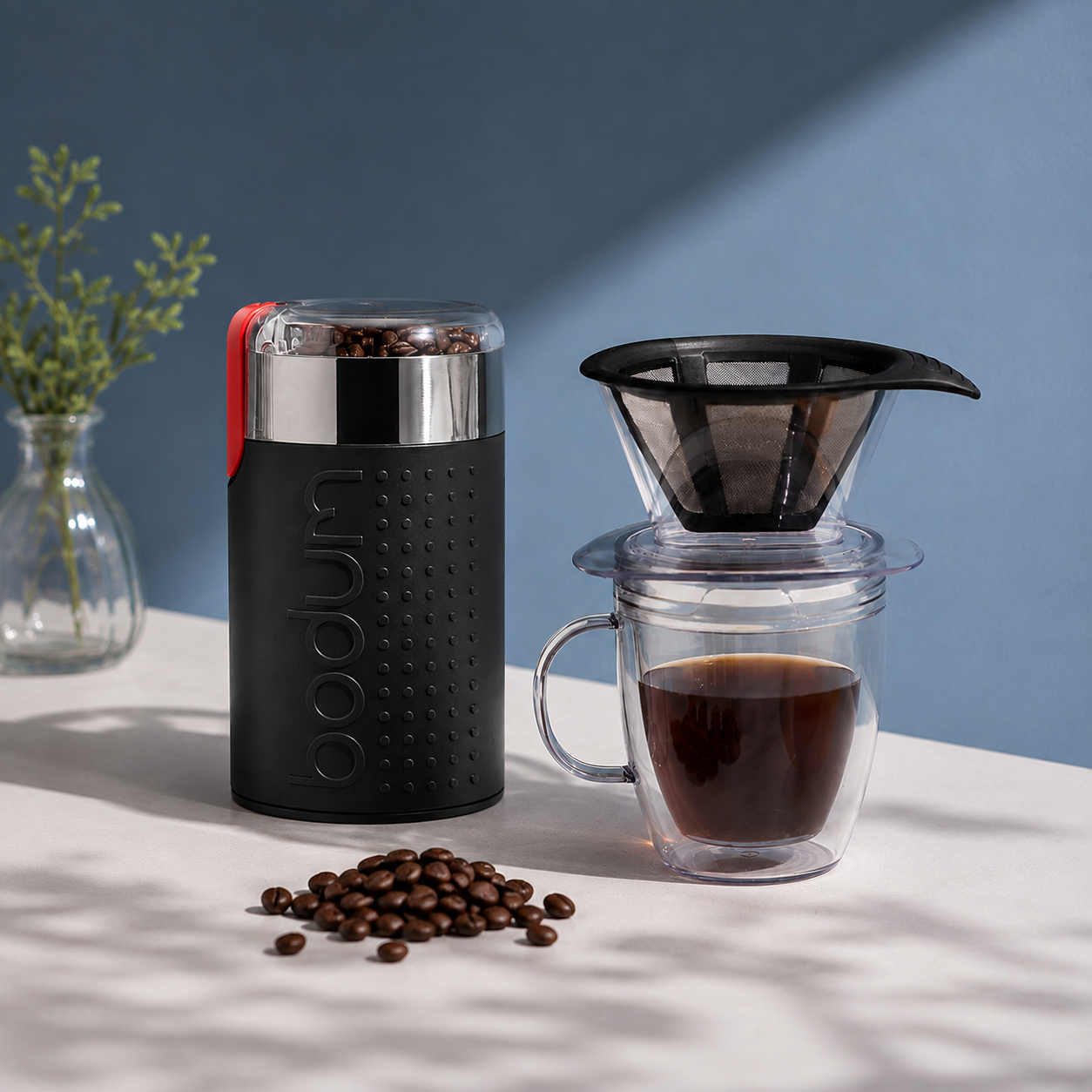 보덤 BODUM 커피 드리퍼&더블월 머그 세트 350ml + 비스트로 전동 커피 그라인더 원두분쇄기 2colors 세트 - 상품 이미지