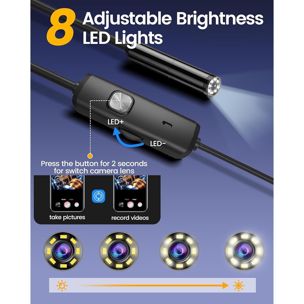 빛이 달린 내시경 Endoscope 카메라, 1920P HD 조절 가능한 8개의 LED 조명이 있는 보어스코프, 반강성 코드가 스네이크 iOS 및 Android용 IP67 방수 - 상세 이미지 3