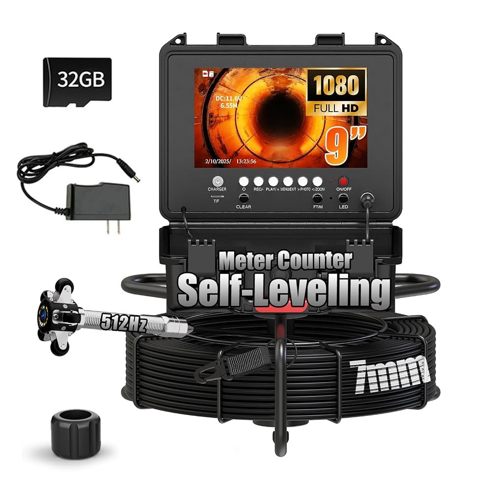 512Hz 센서 및 미터 카운터가 탑재된 9인치 Sewer Camera 자동 수평 조절, 32GB DVR, 5배 줌, 12개의 LED, IP68 방수 기능을 갖춘 100피트 배수관 - 상품 이미지