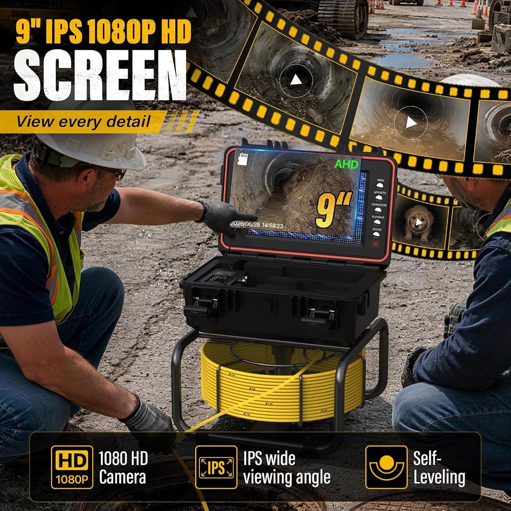 165FT / 50M 파이프 및 배수관 검사용 셀프 레벨링 하수도 카메라 | 9인치 IPS 화면, 1080p HD 프로브, 5100mAh 배터리, 32GB 하드 드라이브 기록기, - 상세 이미지 3