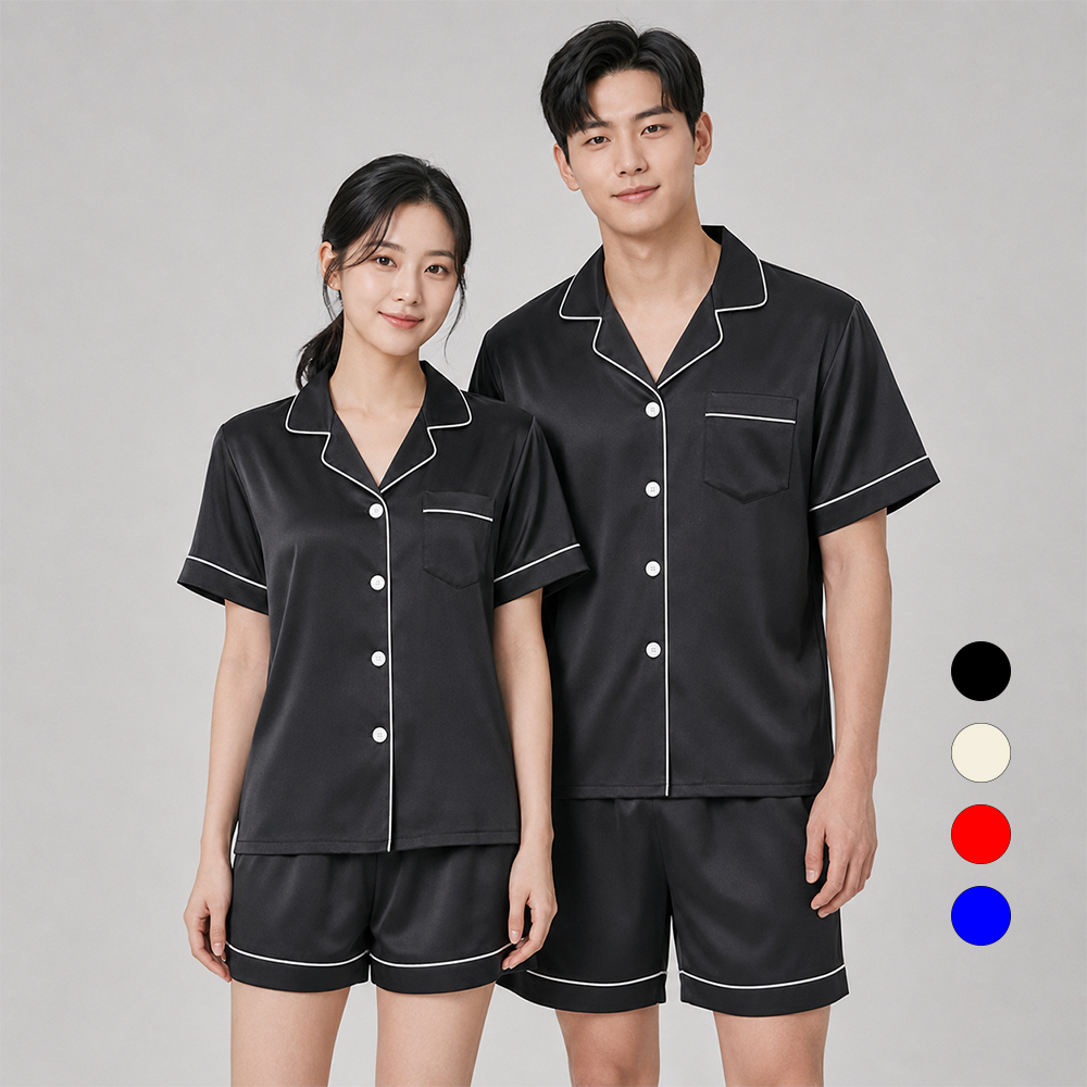 피치테라피 커플 파자마 실크 필 반팔 잠옷 세트 반바지 홈웨어 - 상품 이미지