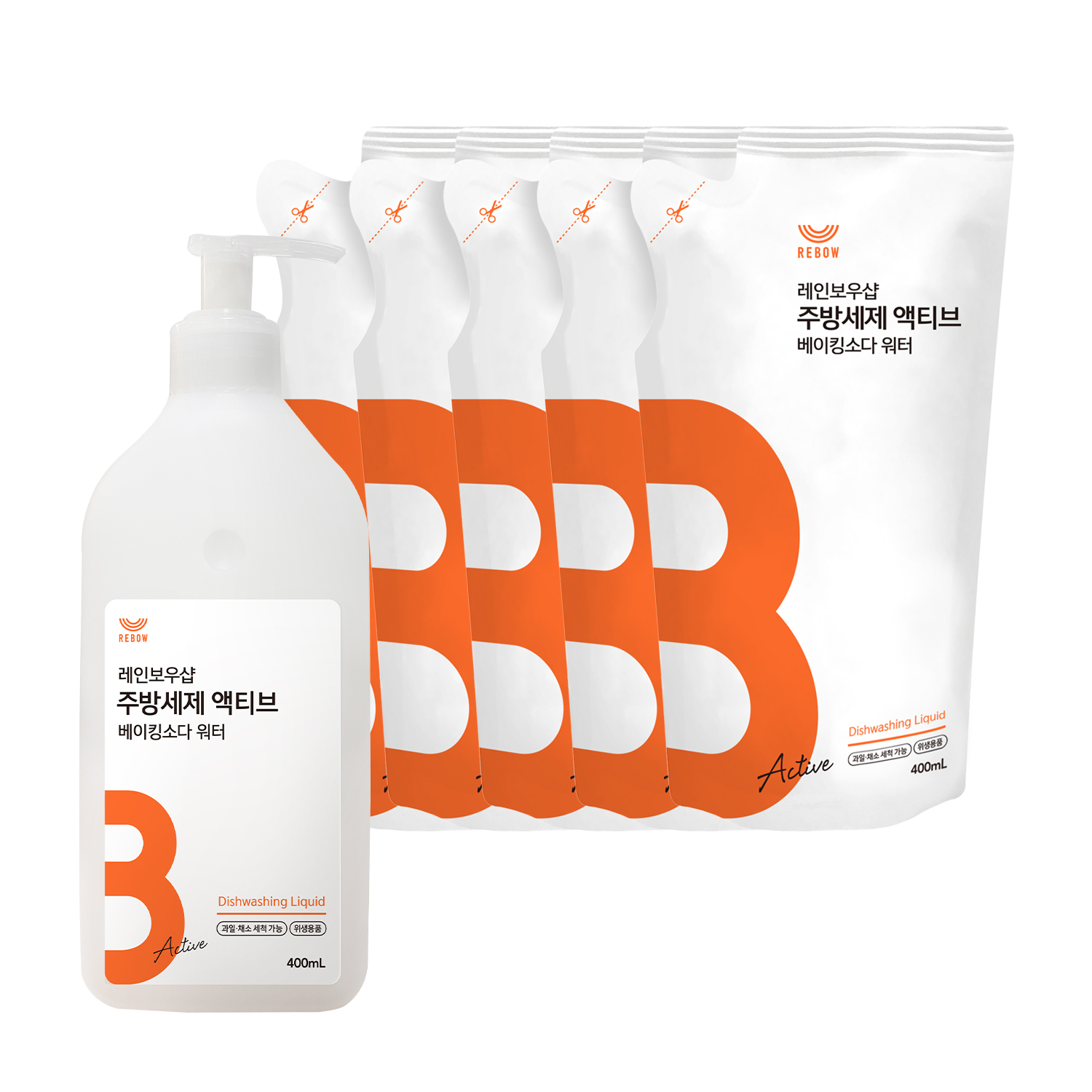 레인보우샵 주방세제 액티브 베이킹소다 워터 400ml 본품 + 리필5개 총 2.4L 대용량 - 상품 이미지