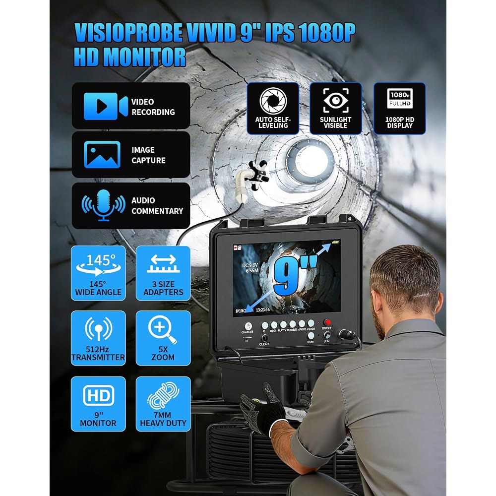 512Hz 센서 및 미터 카운터가 탑재된 9인치 Sewer Camera 자동 수평 조절, 32GB DVR, 5배 줌, 12개의 LED, IP68 방수 기능을 갖춘 100피트 배수관 - 상세 이미지 2