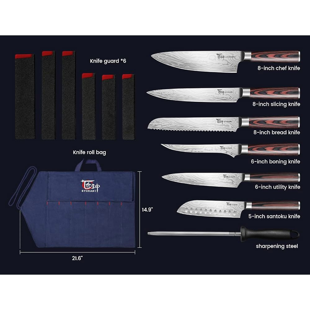 SYOKAMI 14개 세트 Chef 나이프 롤백 포함, 전문 셰프용 스테인리스 스틸 일본식 세트, 파카우드 손잡이 캠핑, 여행, 바비큐, RV 또는 선물용 Beige - 상세 이미지 3