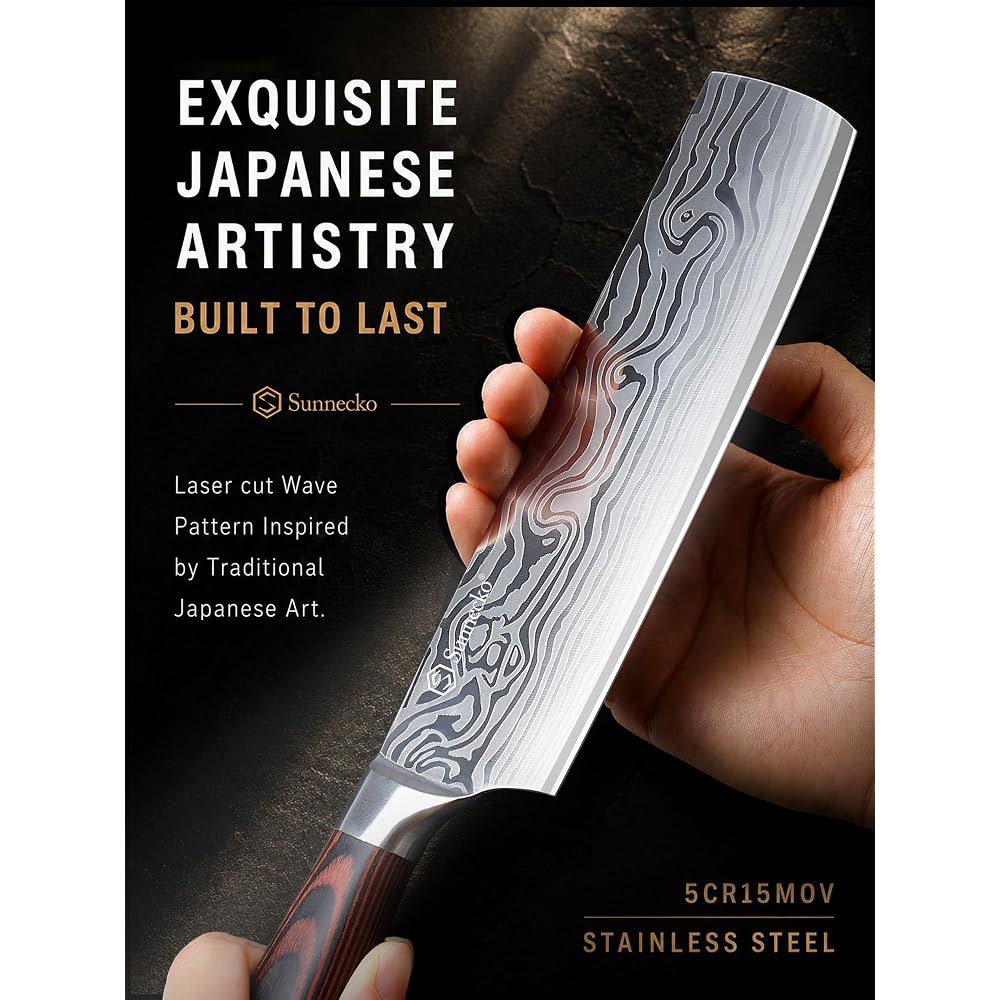 Sunnecko Nakiri 나이프 - 7인치 고기용 셰프 나이프, 채칼, 야채 다지기용 | 12도 각도, 면도날처럼 날카로운 주방용 칼, 고탄소강 다목적 칼집 포함, 가정 요리사 - 상세 이미지 2