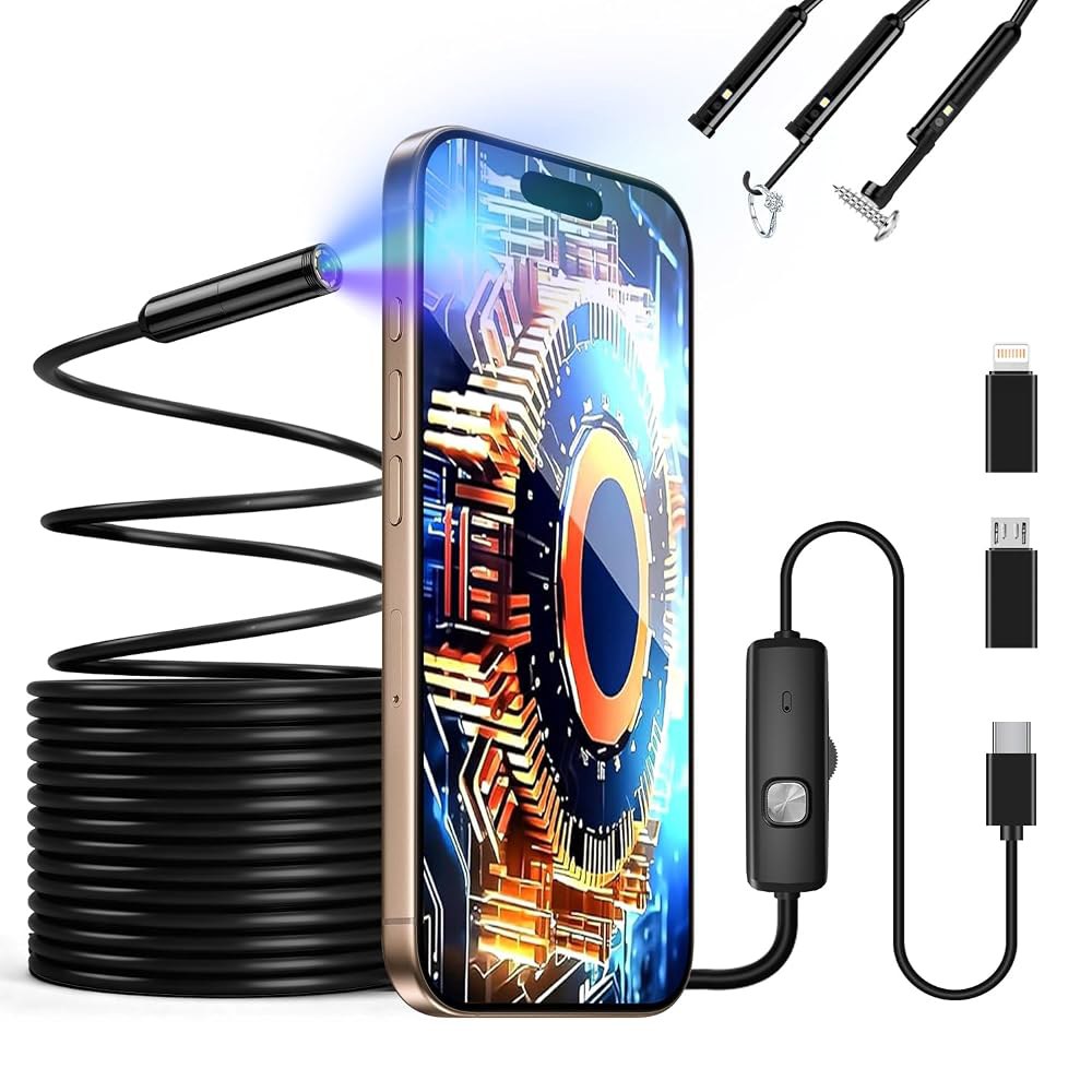 빛이 달린 내시경 Endoscope 카메라, 1920P HD 조절 가능한 8개의 LED 조명이 있는 보어스코프, 반강성 코드가 스네이크 iOS 및 Android용 IP67 방수 - 상품 이미지