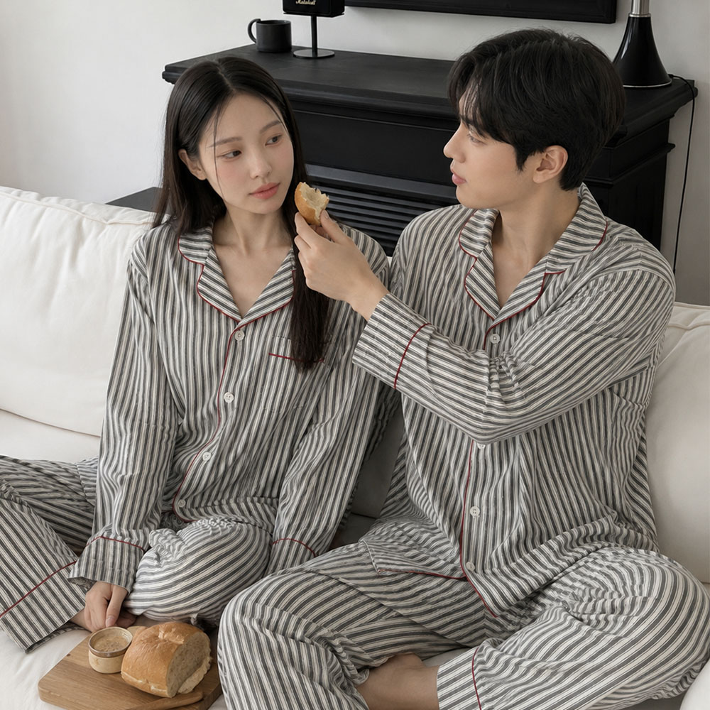 [파우치증정] 코코 스트라이프 커플파자마 빅사이즈 사계절 가을 잠옷 파우치 세트 - 상세 이미지 4