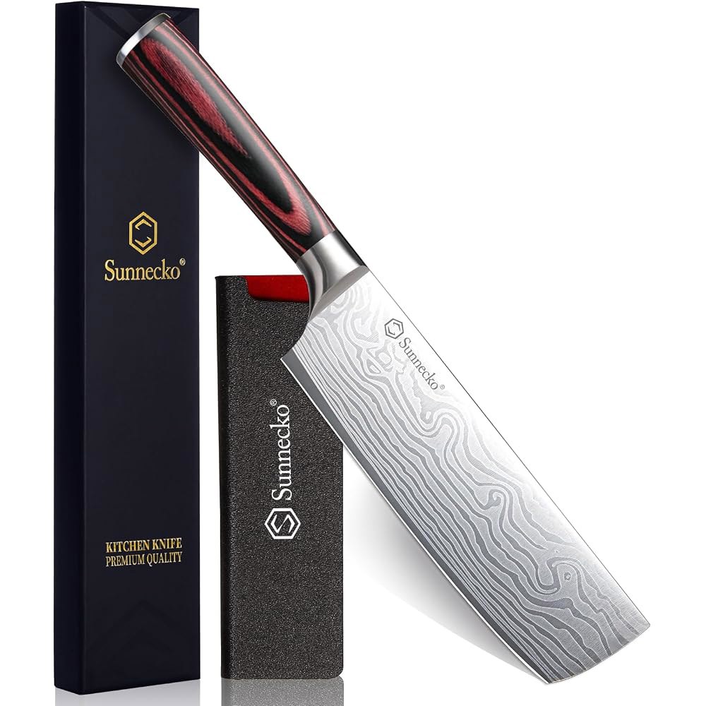 Sunnecko Nakiri 나이프 - 7인치 고기용 셰프 나이프, 채칼, 야채 다지기용 | 12도 각도, 면도날처럼 날카로운 주방용 칼, 고탄소강 다목적 칼집 포함, 가정 요리사 - 상품 이미지