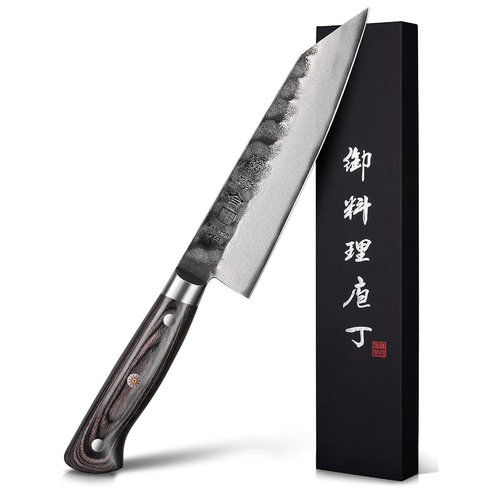 kanngou 일본 셰프 나이프 AUS-8 합금강 7인치 키리츠케 나이프, 완전한 탱의 검은색 패커우드 손잡이와 선물 상자가 포함된 날카로운 주방용 주방 - 상품 이미지