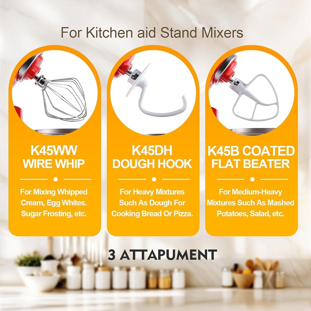 키친에이드 틸트 헤드 스탠드 믹서용 3피스 키트 부속품, 스테인리스 스틸 K45WW 와이어 휩, K45DH 도우 훅 및 K45B 코팅 플랫 블레이드 패들 스크레이퍼 포함 - 상세 이미지 3