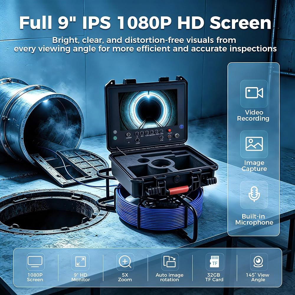 Holdwells 송신기 장착 하수도 카메라, 9인치 배관 점검 30m | DVR 기능이 탑재된 셀프 레벨링 보어스코프 EndoscopeIP68 등급, 조명 12개 LED 및 32 - 상세 이미지 2