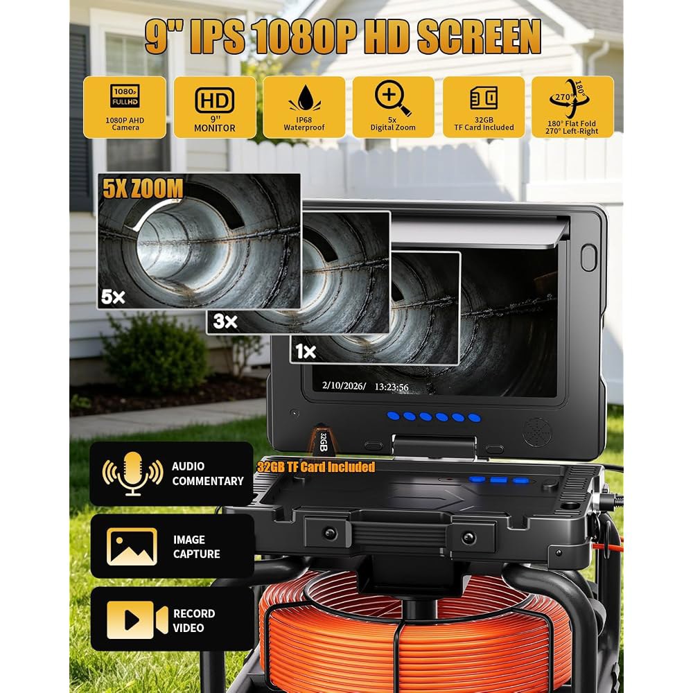 셀프 레벨링 하수도 카메라 165ft, 9인치 IPS 1080P, 512Hz 소네드 및 거리 측정 기능이 있는 배관 점검 카메라, IP68 방수 배수구 32GB DVR, 23mm - 상세 이미지 2