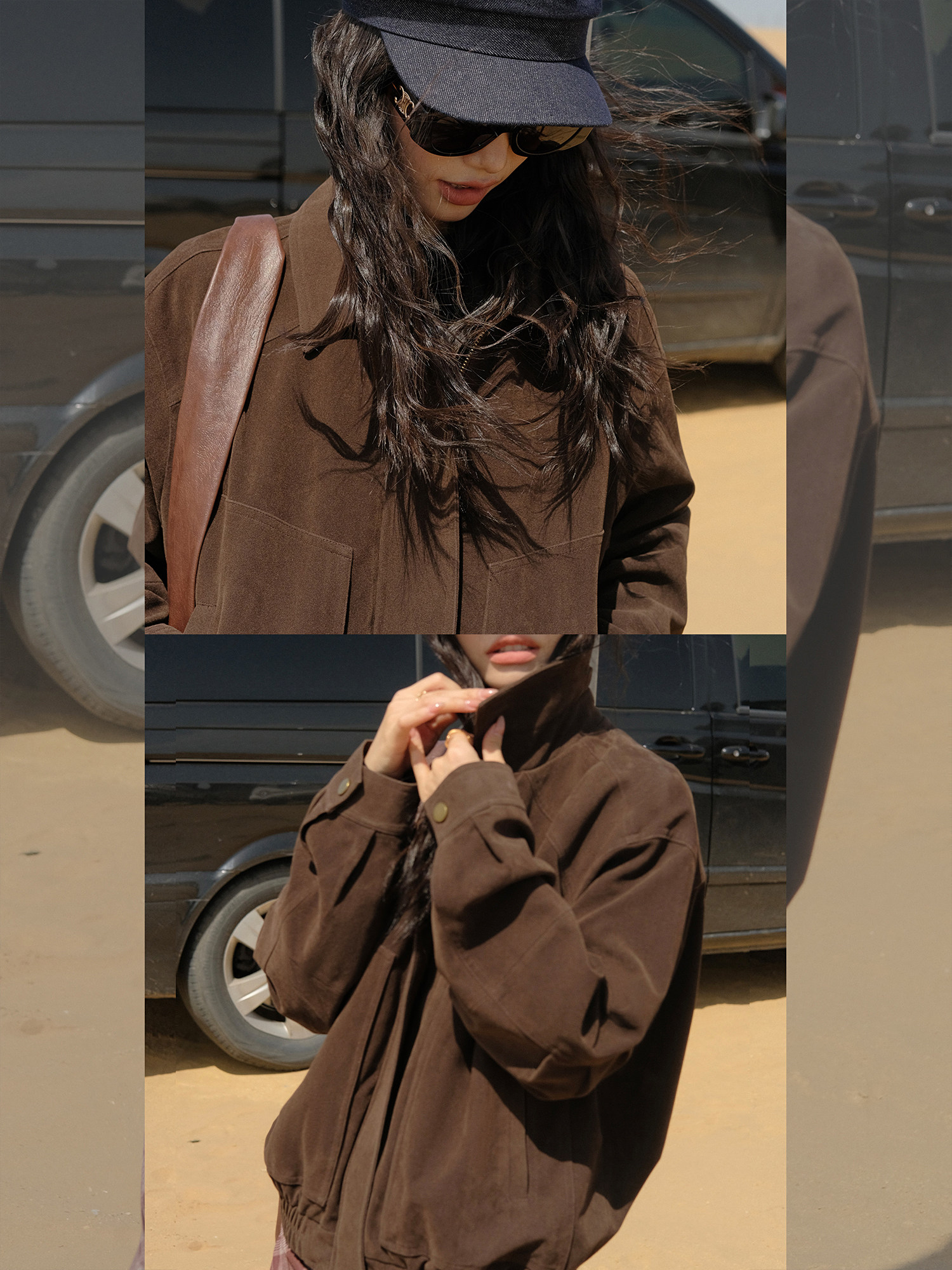 pusumede 스웨이드자켓 하이넥 블루종 여성 숏자켓 - 상세 이미지 2
