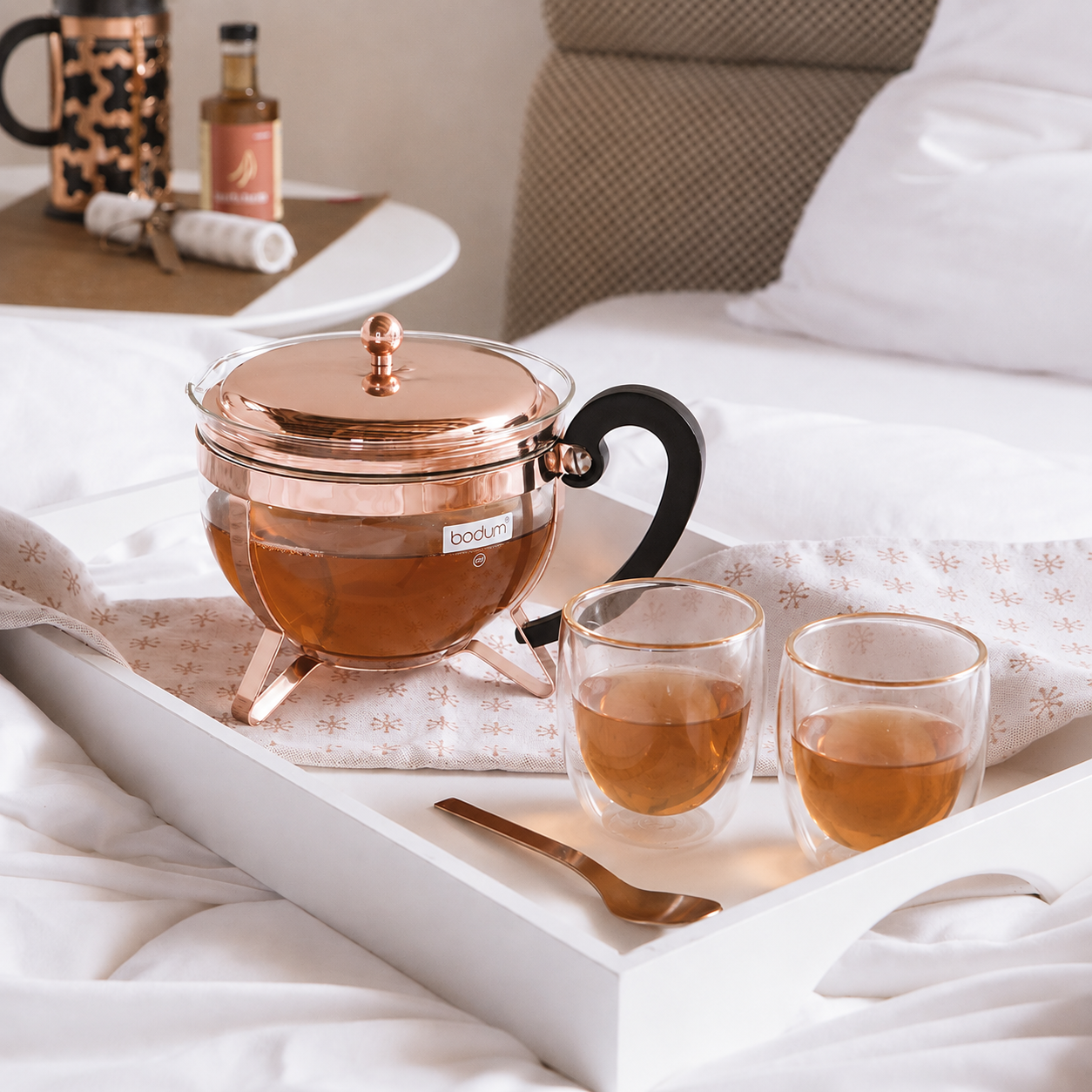 보덤 BODUM 샹보르 티포트 1.3L 코퍼 +더블월 글라스 250ml 2P 세트 - 상품 이미지
