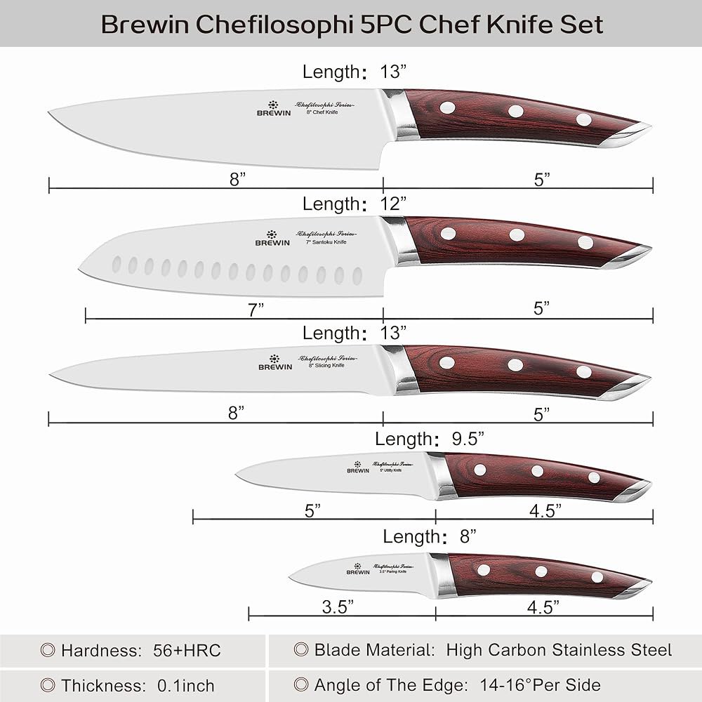 Brewin CHEFILOSOPHI 일본 셰프 나이프 세트 5개입, 우아한 레드 패커우드 손잡이, 인체공학적 디자인, 고탄소 스테인리스 스틸로 제작된 전문가용 초강력 주방용 날카로 - 상세 이미지 2