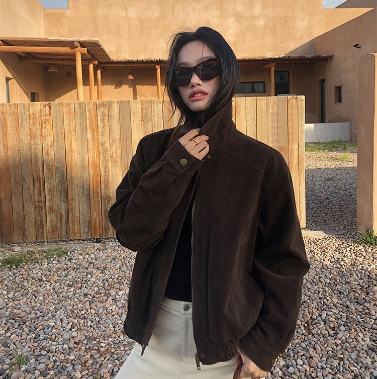 pusumede 스웨이드자켓 하이넥 블루종 여성 숏자켓 - 상품 이미지