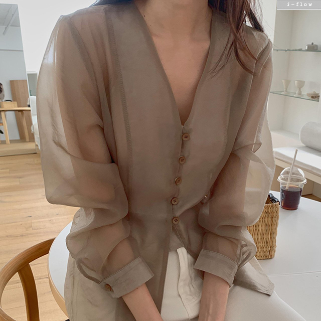 무르 브이넥 오간자 시스루 블라우스 3col 여름 긴팔 하프 허리끈 루즈핏 제이플로우 - 상세 이미지 5