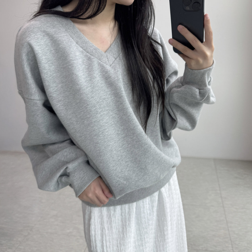 여성 브이넥 무지 맨투맨 오버핏 가을 간절기 긴팔 티셔츠 기본 베이직 스웨트셔츠 이미지 8