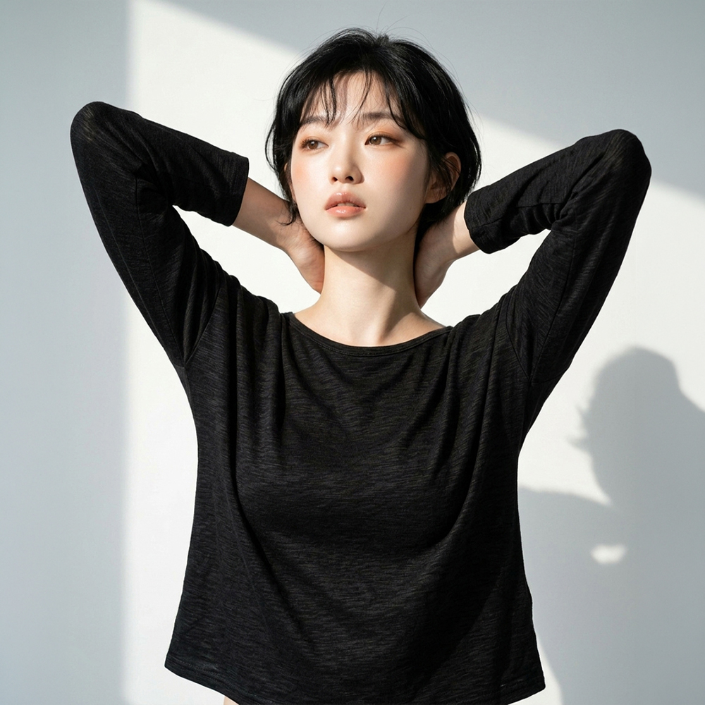 여성 여름 슬라브 보트넥 오버핏 긴팔티 살안타템 워터밤 바캉스룩 시스루 체형커버 이미지 7