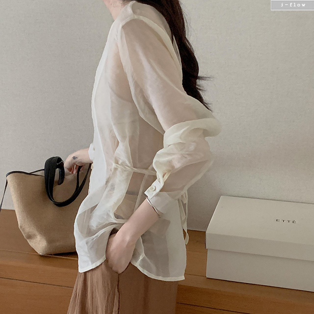 무르 브이넥 오간자 시스루 블라우스 3col 여름 긴팔 하프 허리끈 루즈핏 제이플로우 - 상세 이미지 4