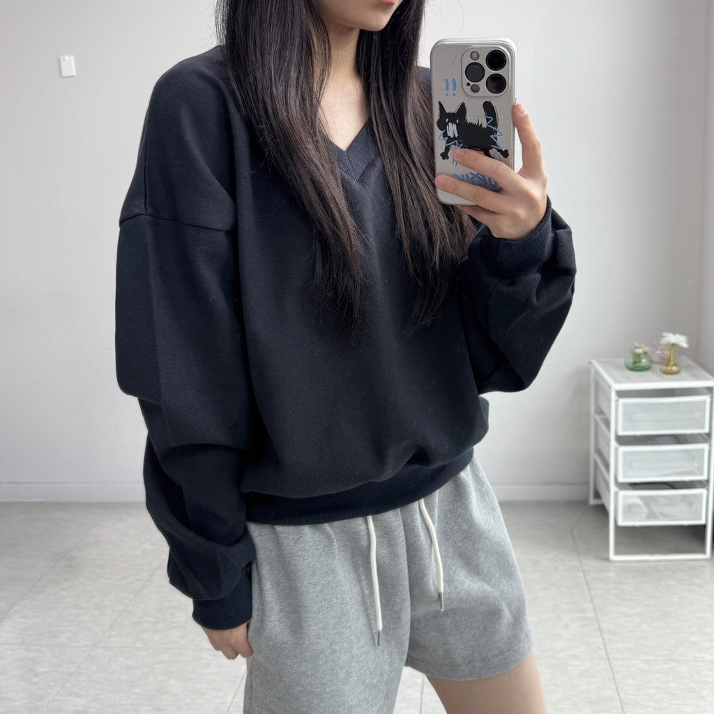 여성 브이넥 무지 맨투맨 오버핏 가을 간절기 긴팔 티셔츠 기본 베이직 스웨트셔츠 - 상세 이미지 2