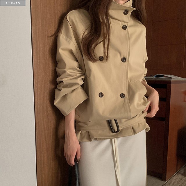 라오미 하이넥 더블버튼 트렌치 숏 자켓 3col 가을 봄 투웨이 벨트 하프 제이플로우 - 상품 이미지