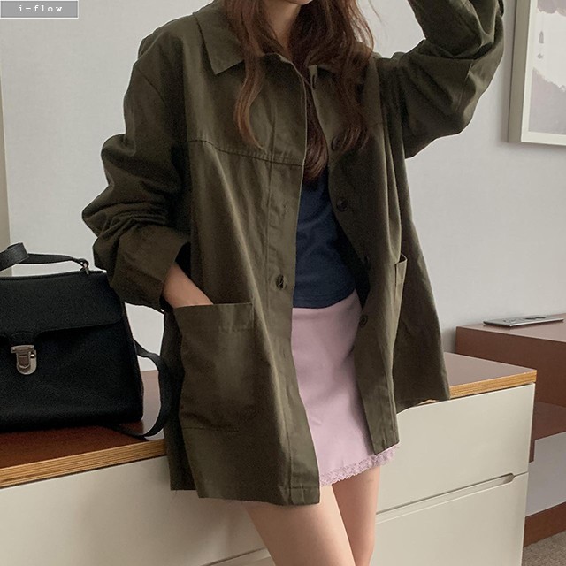 데밋 카라넥 빈티지 오버핏 야상 자켓 2col 가을 봄 워싱 코튼 워크자켓 제이플로우 - 상품 이미지