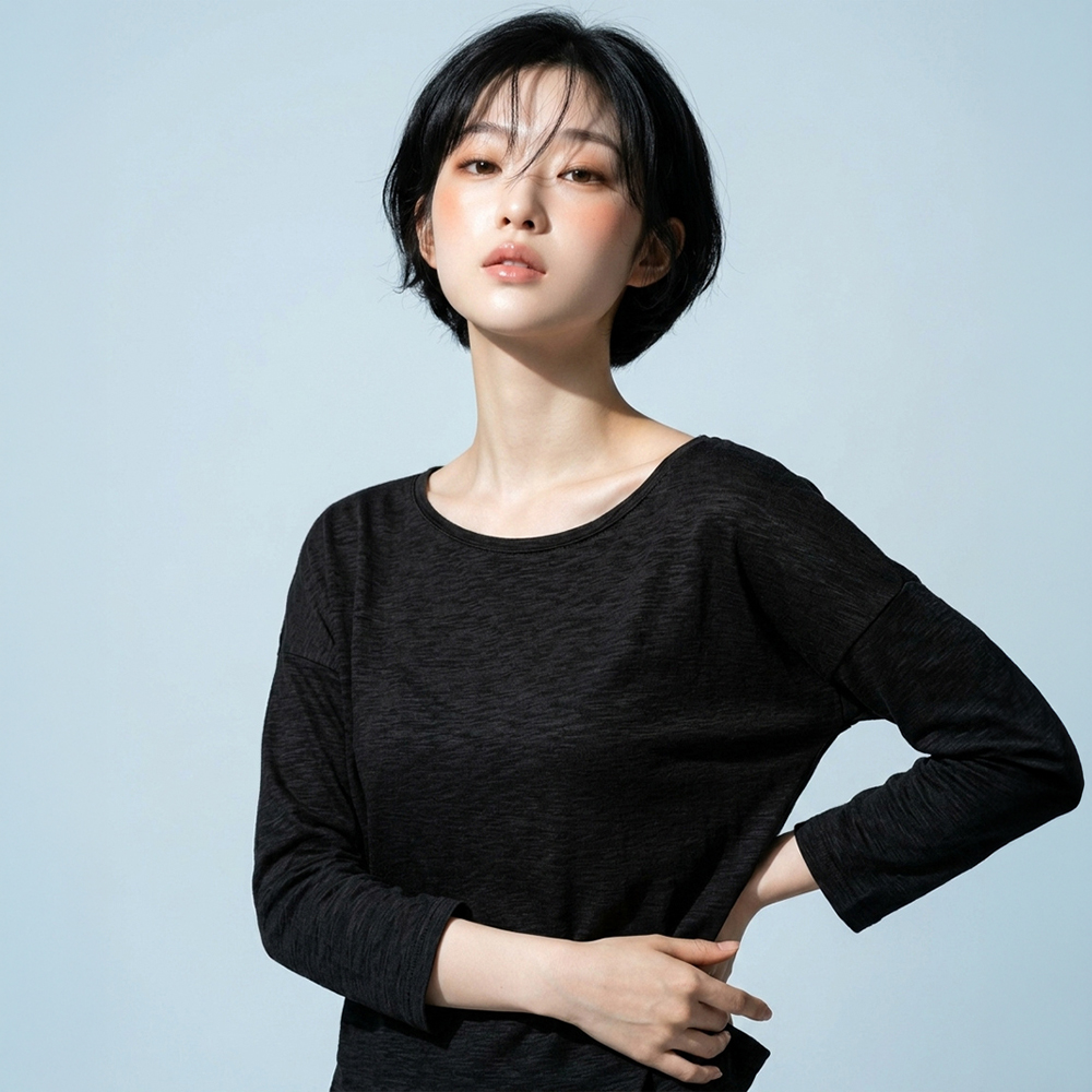 여성 여름 슬라브 보트넥 오버핏 긴팔티 살안타템 워터밤 바캉스룩 시스루 체형커버 - 메인 이미지