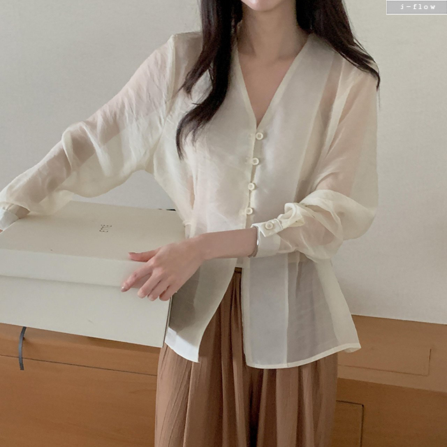 무르 브이넥 오간자 시스루 블라우스 3col 여름 긴팔 하프 허리끈 루즈핏 제이플로우 이미지 8