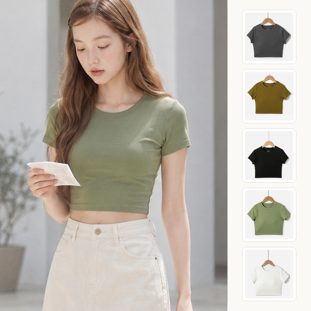미브레 요가 필라테스 캡내장 크롭 반팔티 올리브, XL - 상품 이미지