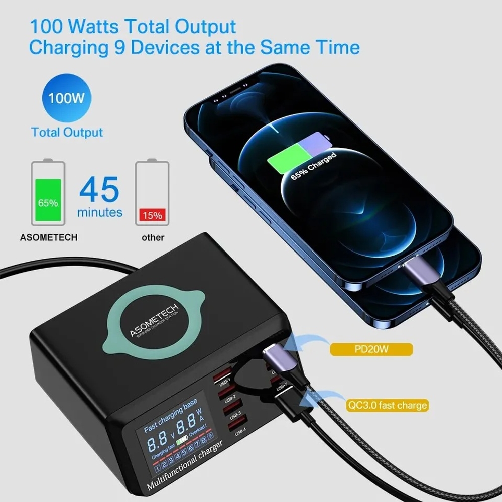 고속 충전기 멀티 충전기 충전스테이션 100W 8포트 무선 충전 QC3.0 PD3.0 상품 이미지