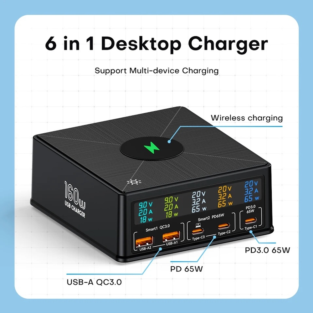 고속충전기 멀티충전기 160W 5포트 충전스테이션 15W PD 65W QC3.0 상품 이미지