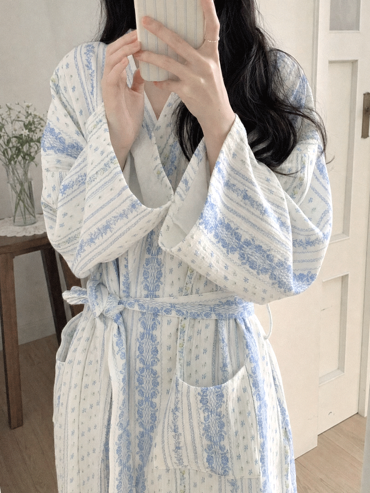 순면 로브잠옷 요루면 샤워가운 보헤미안 나이트 거즈면 홈웨어 - 상품 이미지