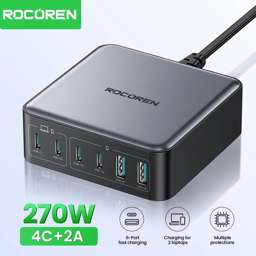 고속 충전기 멀티 충전기 Rocoren 200W GaN PD 270W 6in1 충전스테이션 상품 이미지