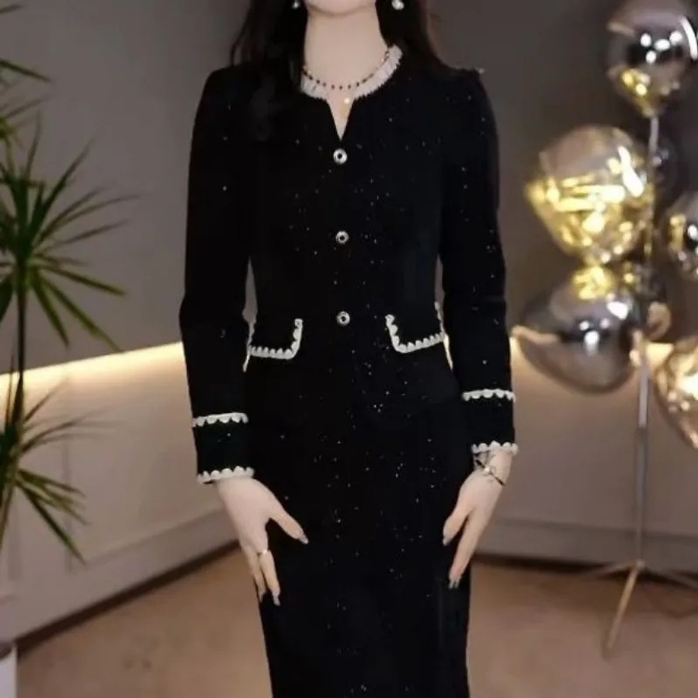 벨벳 투피스 드레스 가을 겨울 슬림 미디 원피스 - 상품 이미지