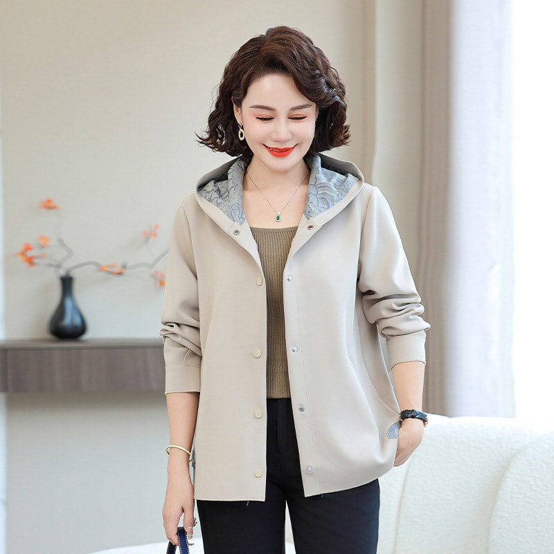 중년 여성 봄가을 캐주얼 후드 점퍼 빅사이즈 엄마 자켓 아이보리, 5XL - 상품 이미지