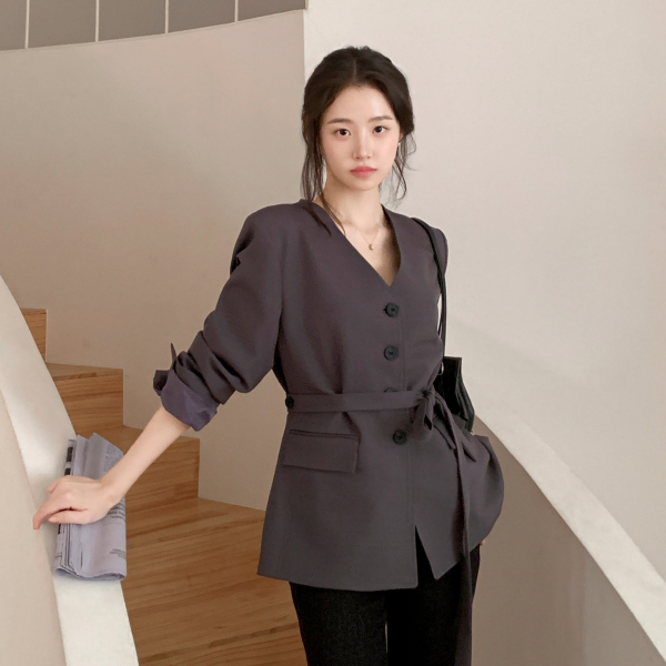 노카라 브이넥 허리 스트랩 자켓 jk3060