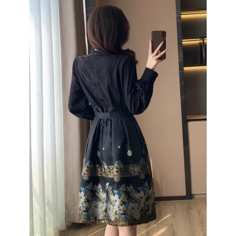 철릭원피스 여성 생활한복 플레어 허리끈 꽃무늬 자수 연회 드레스 자카드 롱 원피스 - 상세 이미지 5