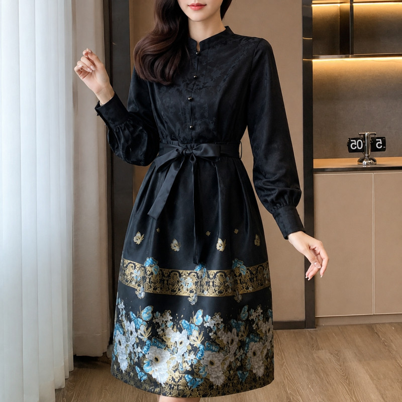 철릭원피스 여성 생활한복 플레어 허리끈 꽃무늬 자수 연회 드레스 자카드 롱 원피스 - 상품 이미지