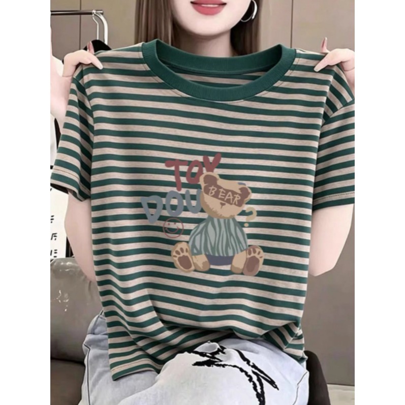 여성 스트라이프 반팔 티셔츠 줄무늬 프린팅 라운드넥 순면 데일리 상의 그린 S - 상세 이미지 3