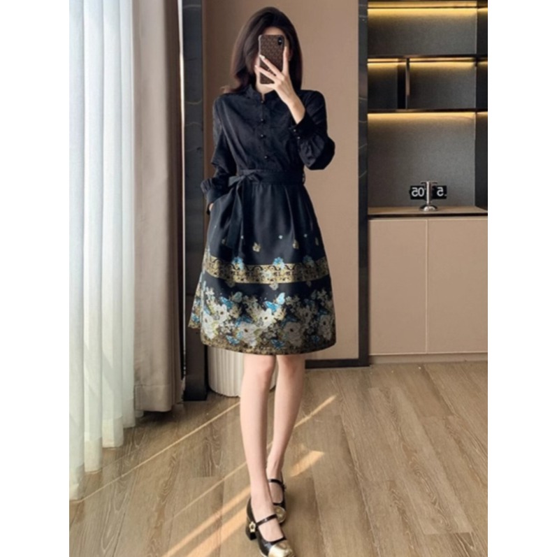철릭원피스 여성 생활한복 플레어 허리끈 꽃무늬 자수 연회 드레스 자카드 롱 원피스 - 상세 이미지 3