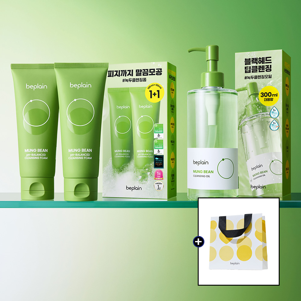 [대용량 듀오세트] 비플레인 녹두 약산성 클렌징폼 100ml+100ml 기획 + 녹두 클렌징 오일 300ml 대용량 - 상품 이미지