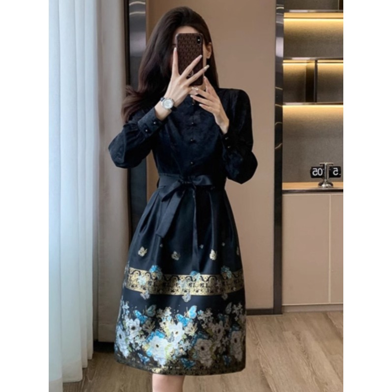 철릭원피스 여성 생활한복 플레어 허리끈 꽃무늬 자수 연회 드레스 자카드 롱 원피스 - 상세 이미지 2