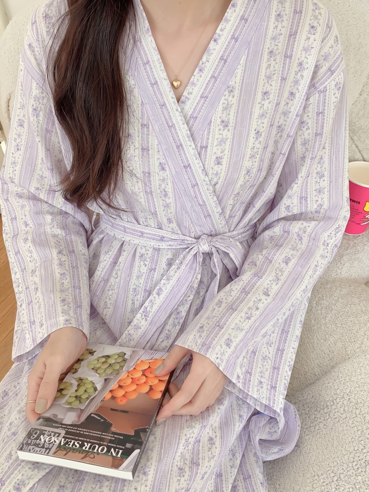 순면 로브잠옷 요루면 샤워가운 라일락 나이트 거즈면 홈웨어 이미지 6